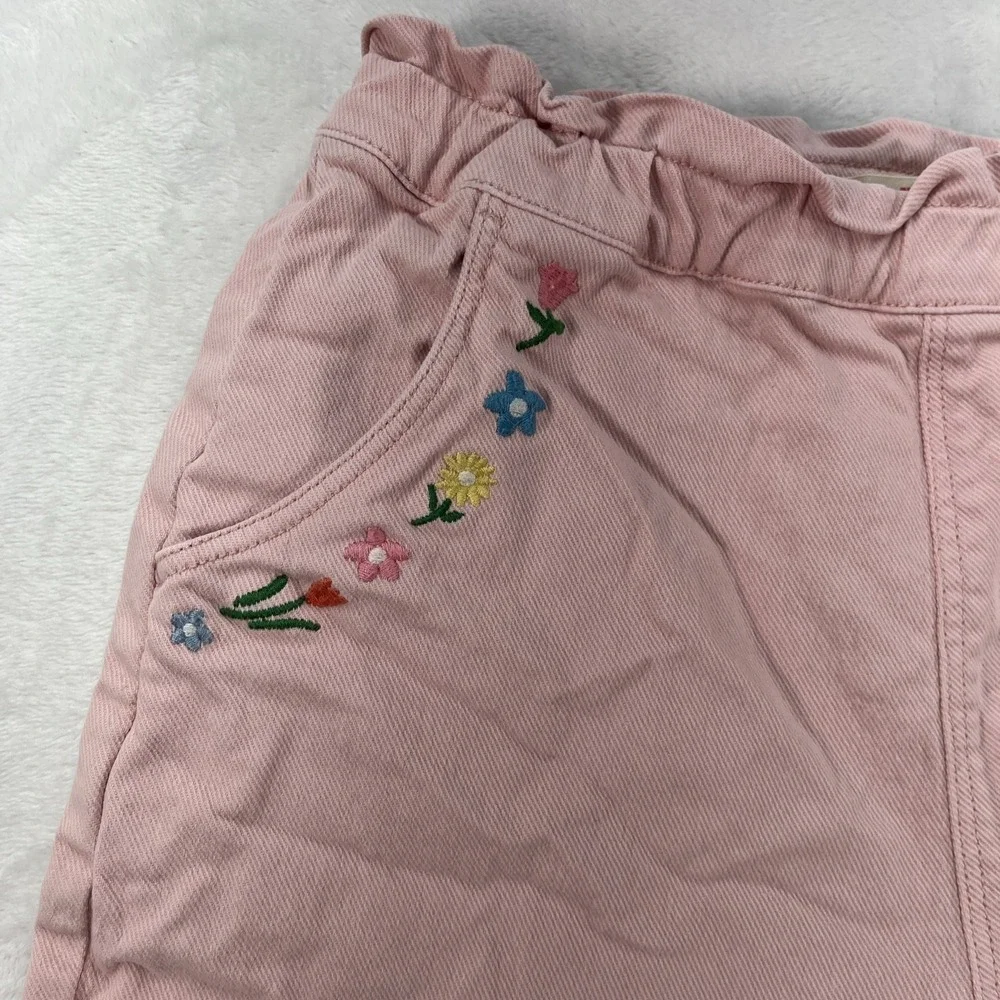 Mini Boden Denim Embroidered Shorts Girls 10Y Pull On Elastic Pink Pockets